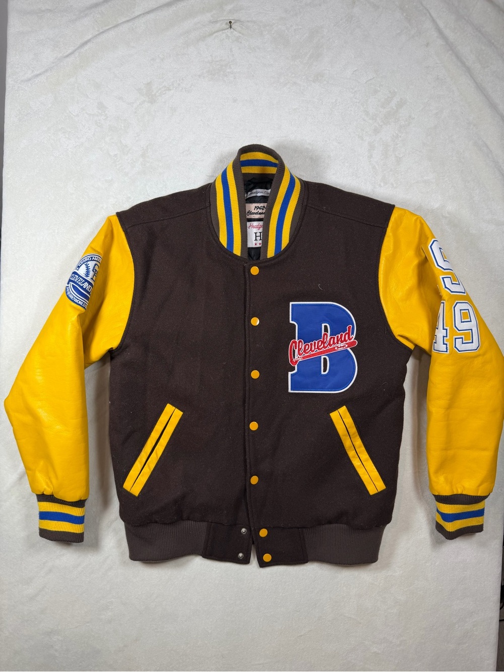 Headgear Classics Small Cleveland Buckeyes Letterman Bomber Jacket Brown Yellow